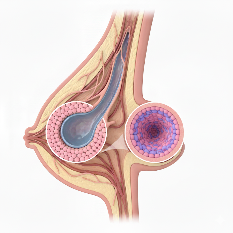 Ilustração da anatomia mamária mostrando células aumentadas nos ductos, representando a hiperplasia da mama.