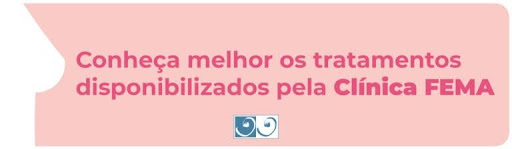 Banner com texto sobre tratamentos disponíveis na Clínica FEMA em fundo rosa - dor nas mamas é câncer?
