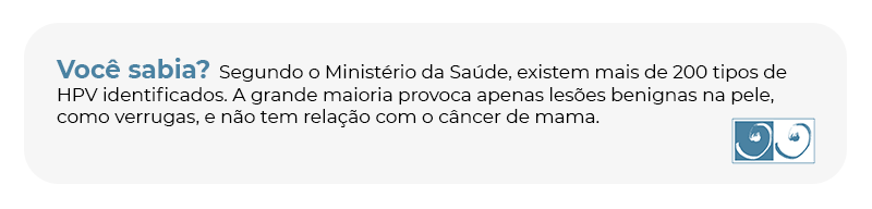 Informação sobre HPV explicando que existem mais de 200 tipos e que a maioria causa apenas verrugas benignas na pele, sem relação com câncer de mama.