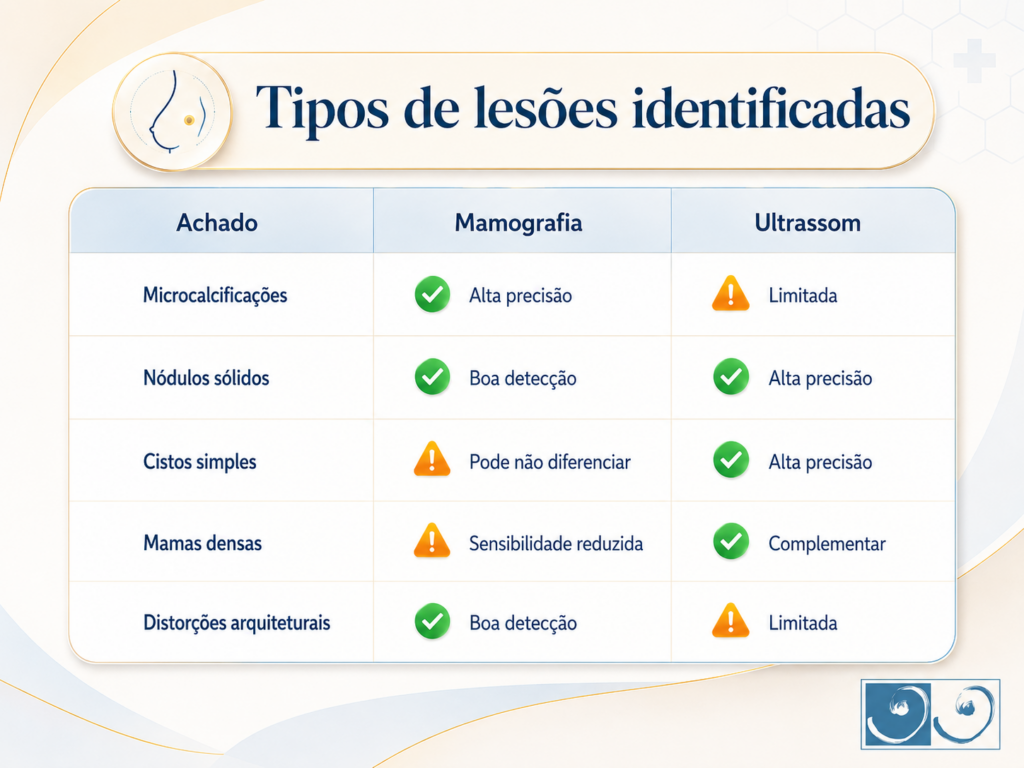 Tabela comparativa entre mamografia e ultrassonografia mostrando a eficácia de cada exame na identificação de diferentes tipos de lesões mamárias.