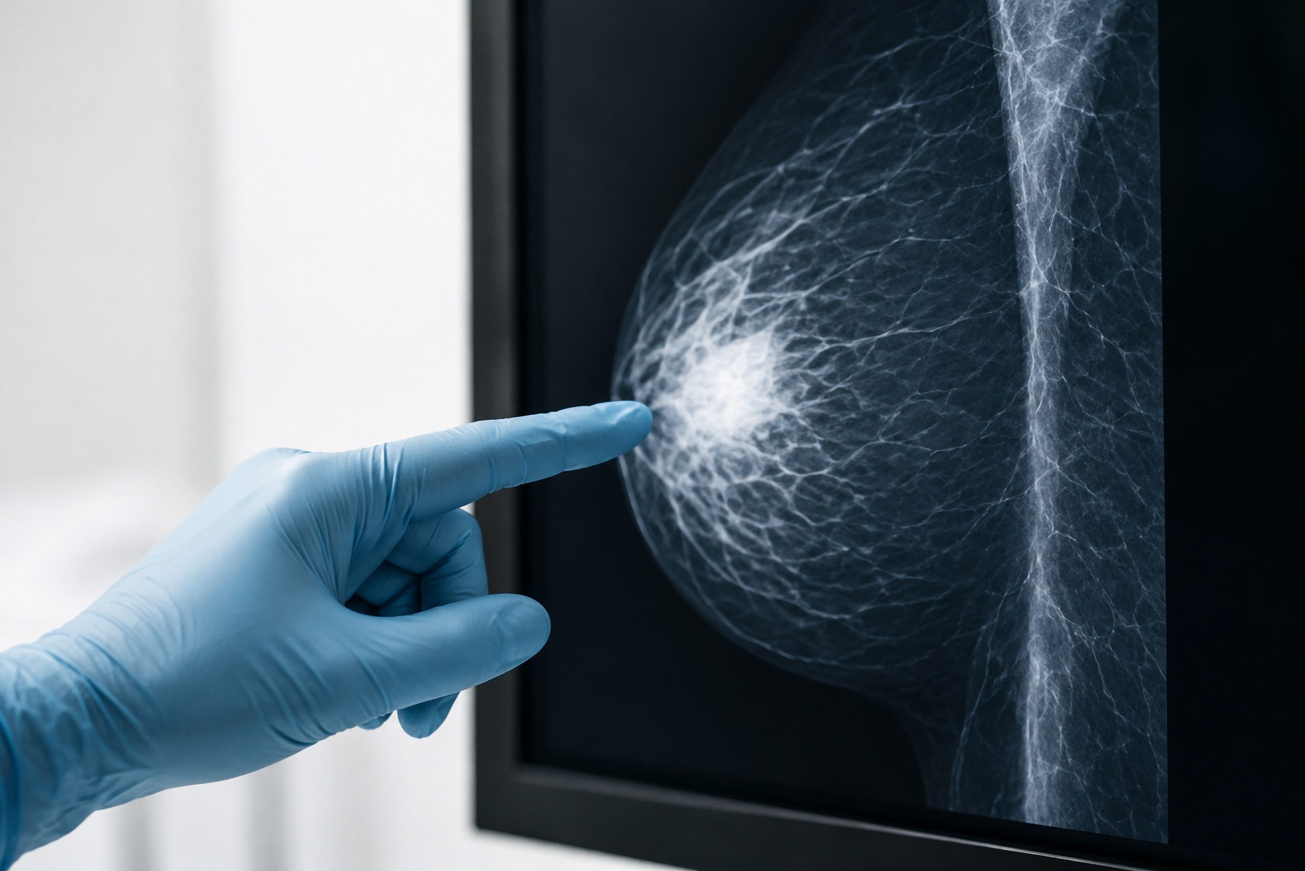 Mão com luva azul aponta para uma área destacada em uma mamografia exibida em monitor, durante avaliação de imagem das mamas.