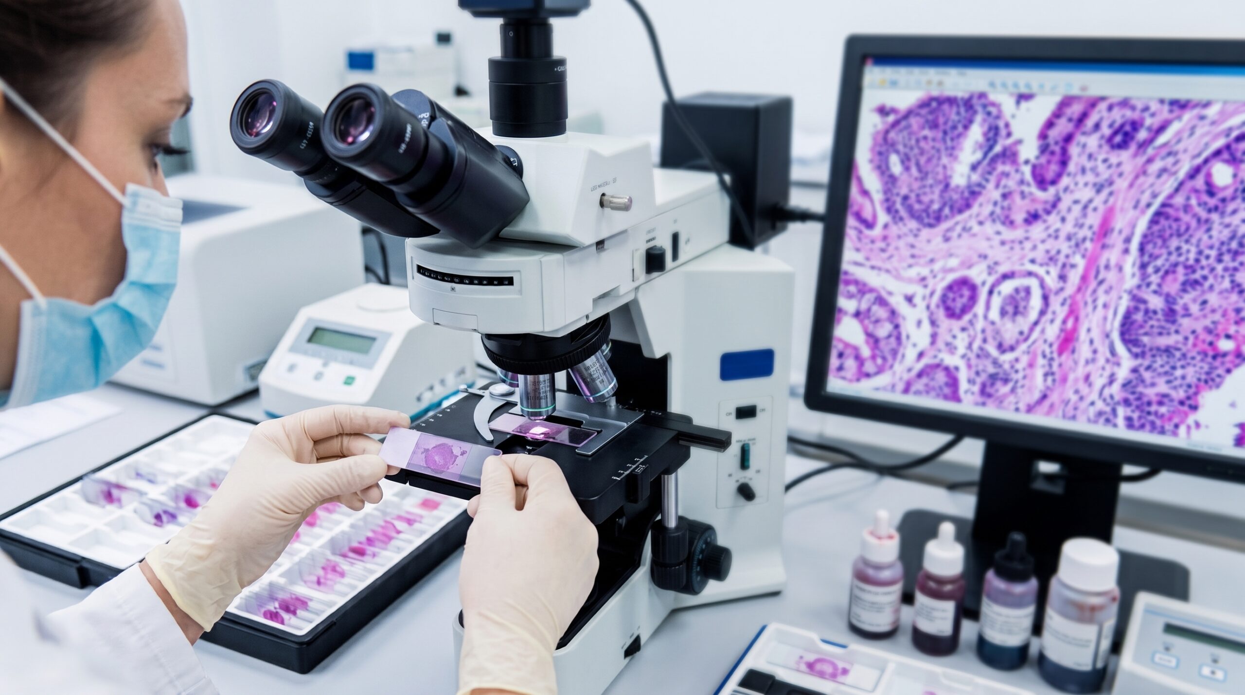 Microscópio analisando lâmina de tecido mamário para avaliação do marcador Ki-67 no câncer de mama.
