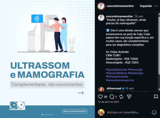 Ilustração sobre mamografia e ultrassom das mamas, apresentados como exames complementares, em publicação do perfil Cancer de Mama Online com conteúdo do Dr. Felipe Andrade.
